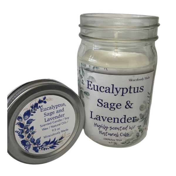 Scented Stress- Relief  Eucalyptus W/Sage&Lavender 2wick 9.5 Oz Soy Wax