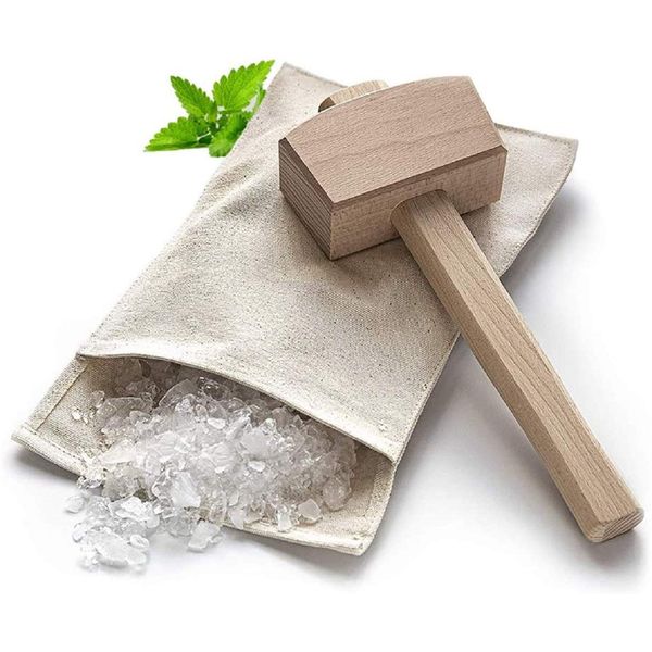 Movein Lewis Bag and Manueller Eisbrecherhammer,Wiederverwendbarer Crushed Ice Bag aus Baumwolle mit Holzzubehör Bar Kitchen Accessory Kit für Crushes Ice Dried Ice. (2 pcs)