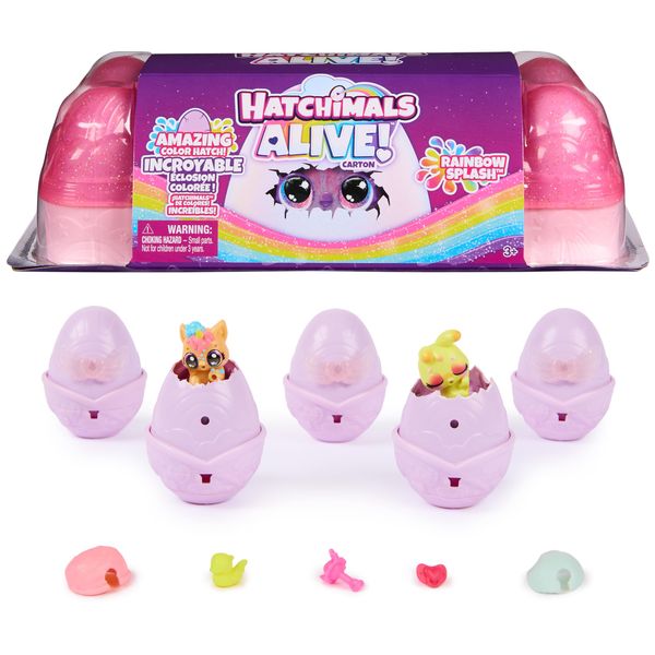 Hatchimals Alive, Rainbow Splash Egg Carton Toy with 5 Mini Figures in Color Reveal Eggs & 10 Accessories, for Kids