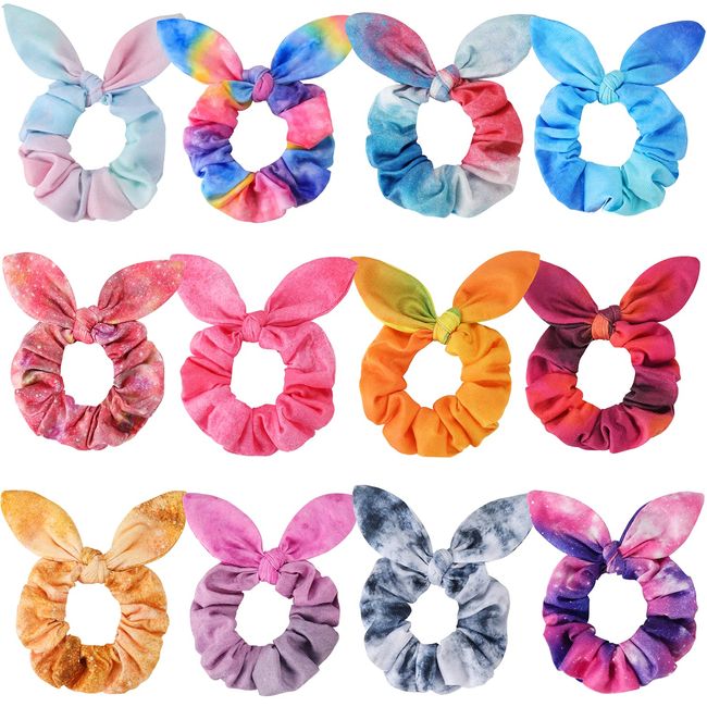 Bow Scrunchies for Hair, Funtopia 12 Pcs Cute Rabbit Bunny Ear Scrunchies, Fashion Colorful Tie Dye Scrunchy Hair Ties Bowknot Ponytail Holders for Women Girls Kids