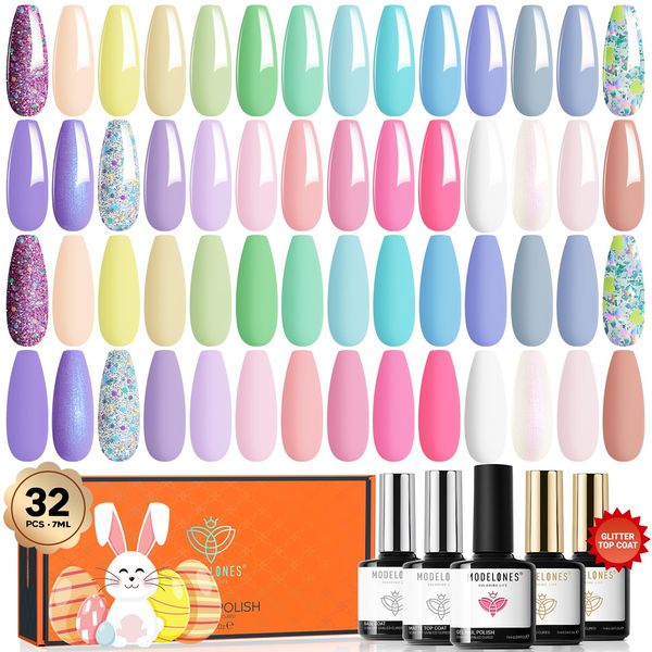 modelones 32Pcs Gel Nail Polish Set, 28 Colors 7ML Spring Pastel Easter Gel Polish Set with Glitter & Glossy & Matte Gel Top + Base Coat Macaron Colors, 2024 Gel Polish Kit Trendy Nail Art