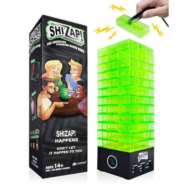 ShiZap! Electric Shock Stacking Block Game - Light Up LED Tumble Tower with Suspenseful Sound and Shocking Tweezers - Novelty Gift Family Fun Reaction Party Games for Teenage Boys, Girls and Adults