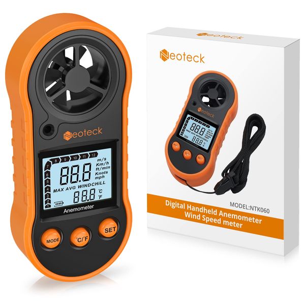 Neoteck Anemometer Digital LCD Wind Speed Meter Gauge Air Flow Velocity Measurement Thermometer with Backlight for Windsurfing Kite Flying Sailing Surfing Fishing