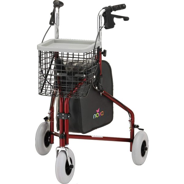 NOVA Traveler 3 Wheel Rollator Walker, All Terrain 8” Wheels, Includes Bag, Basket and Tray, Red