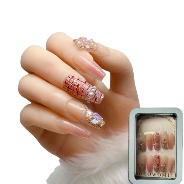 Kokowomite Nails Handmade Nail Tips Long Ballerina Fall/Winter Pearl Pink Popular 3D Cute Design False Nails False Nails to Match with Tweed Jackets Storage Box Included 10 Pieces