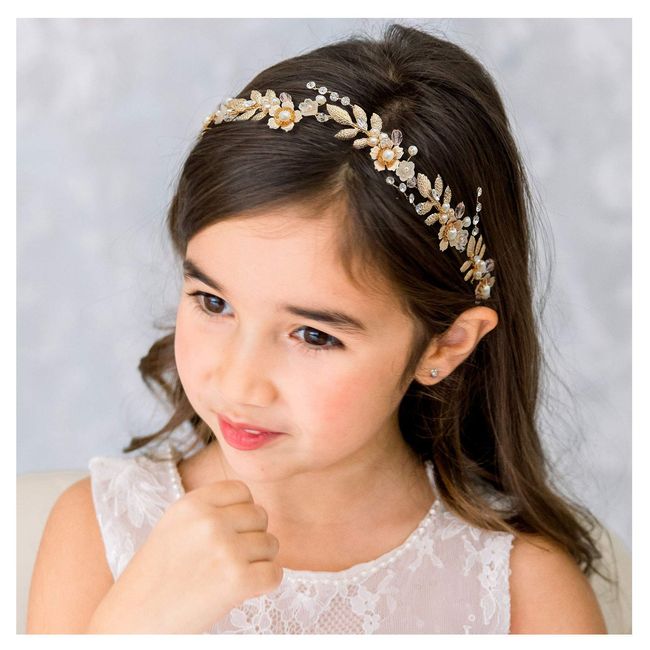 SWEETV Flower Girl Hair Accessories for Wedding Headpieces Flower-Leaf Girls Headband Princess Crystal Pearl Hair Pieces for Birthday Party, First Communion