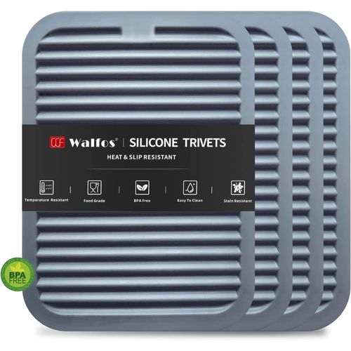 Walfos Silicone Trivets For Hot Pots and Pans - 4 Pack Hot Pads for Kitchen Counter, (30×23cm) Heat Resistant Silicone Table Mat -Multi-Purpose trivets for Hot Dishes Silicone Pot Holders Mat, Gray