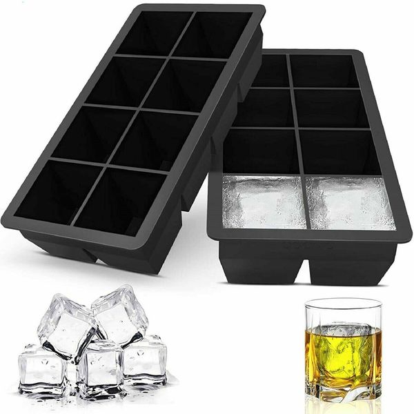 2pc 8 Ice Maker Large Cube Square Tray Molds Whiskey Ball Cocktails Silicone Big