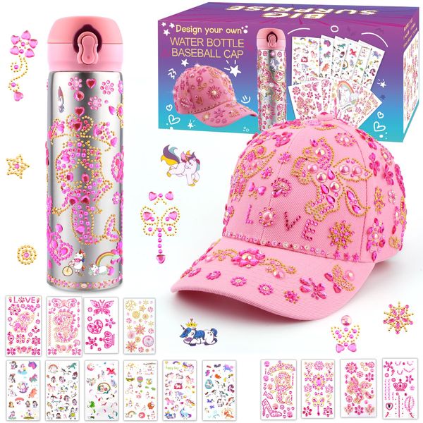 Youerls Geschenke für Mädchen DIY Trinkflasche und Baseballkappe mit Einhorn Glitzer Aufkleber, Einschulung Geburtstag Geschenk Mädchen 4 5 6 7 8 9 10 11 12 Jahre, Schulanfang Baseball Cap Bastelset