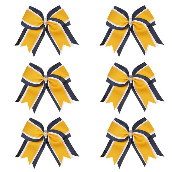 8 Inch 3 Colors 3 Layers 6 Pcs Cheerleader Bows Jumbo Cheerleading Bows Hair Elastic Hair Tie for High School College (Navy blue/White/Yellow gold)