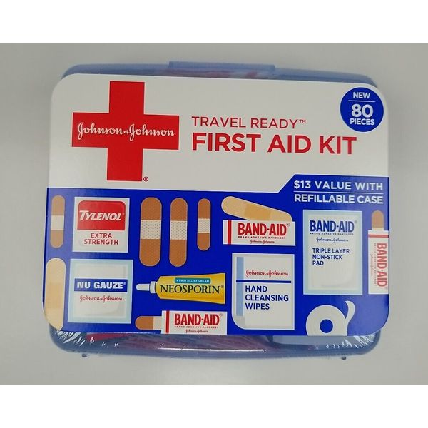 Johnson & Johnson Travel Ready First Aid Kit, 80 Pieces NEW with Refillable Case