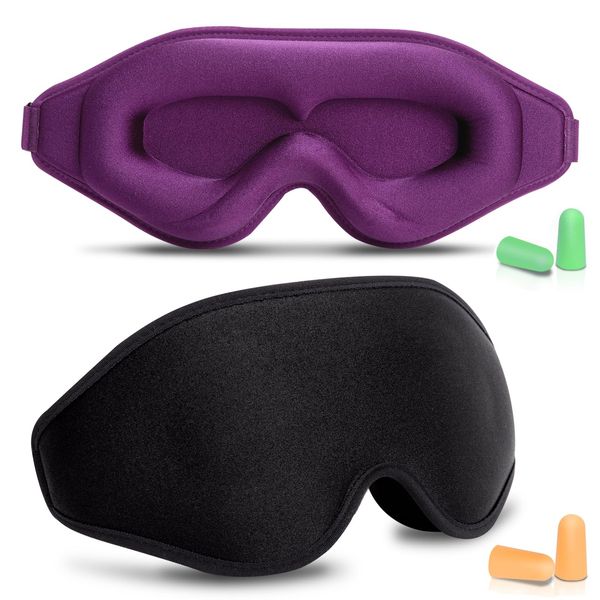 2 Pack 100% Blackout Sleep Mask for Women & Men, 3D Eye Mask for Sleeping with Adjustable Strap, BeeVines Night Sleep Blindfold, Eye Covers for False Eyelash Extensions Yoga Travel (Black & Purple)