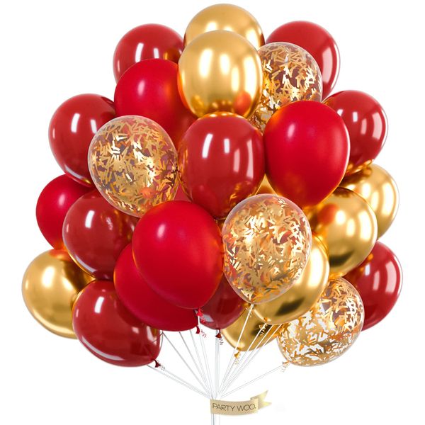 PartyWoo Red and Gold Balloons, 50 pcs Burgundy Balloons, Ruby Red Balloons, Gold Confetti Balloons, Gold Metallic Balloons for Red and Gold Party Decorations, Burgundy Party Decorations