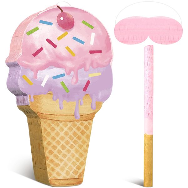 Ice Cream Piñata Ice Cream Cone Shaped Piñata with Stick Blindfold for Kids Birthday Summer Candy Theme Girls Baby Shower Beach Wedding Party Supplies Decorations, 15.8 x 9.5 Inch(Pink, Purple)