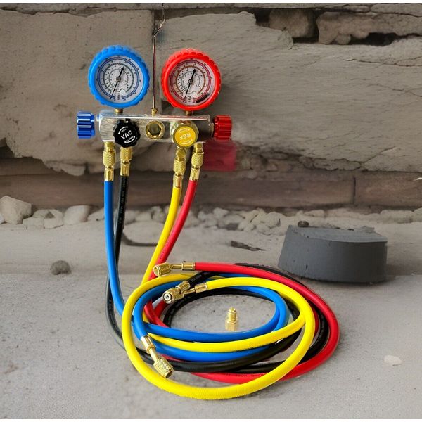 4 Way HVAC Mini Split Diagnostic Manifold Gauge & Hoses Set for R32 Refrigerant
