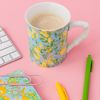 Lilly Pulitzer Cute Coffee Mug with Lemon Pattern, Ceramic Tea Cup with Bamboo Handle, Make Lemonade