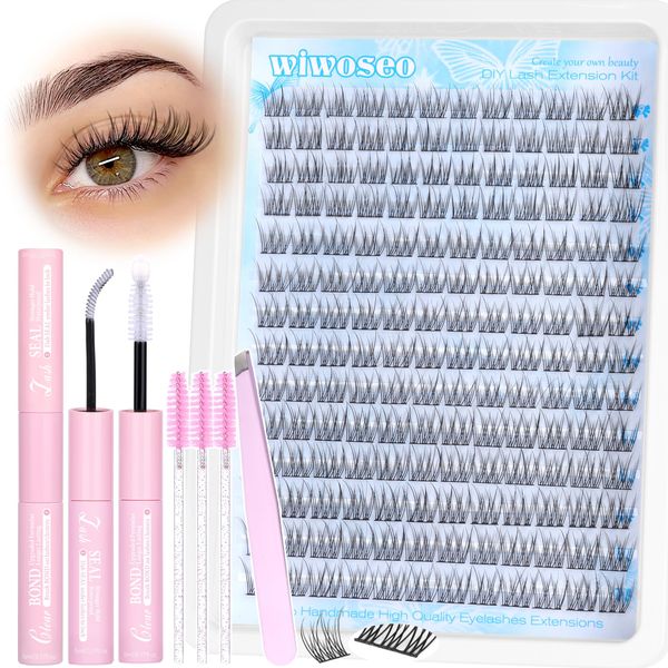 wiwoseo Lash Clusters Kit Natural Lash Extension Kit Wispy Individual Lashes Kit with Clear Lash Bond and Seal Lash Glue 168pcs Eyelash Extension Kit Cluster Eyelash Extensions Kit for Beginners