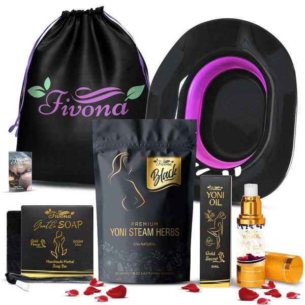 Fivona Yoni Care Kit 5 in 1 Feminine Steaming Set Includes Natural Oil Blend, Sitz Bath Seat, V Steaming Herbs, Herbal Soap and Storage Bag - Effective Detox pH Balance Cleansing and Moisturizing