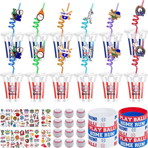 Tkifoda Baseball Party Favors , 72 PCS Sports Baseball Party Cups with Lids Straw Baseball Slap Straws Silicone Bracelets Stickers Mini Bouncy Balls Toy for Baseball Themed Birthday Party Supplies