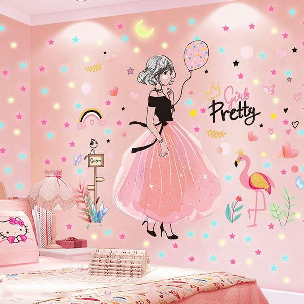 SENGTER Pretty Girl Wall Sticker Removable Wall Decals Wall Murals Peel and Stick Wallpaper Waterproof Wall Art Wall Decor for Bedroom Teen Girl Living Room(with Fluorescent Stickers)