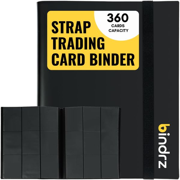 bindrz 9 Pocket Strap Binder Album for 360 Trading Cards - Side Loading Pockets Folder - Archival Safe Material for CCG TCG MTG and Sports Cards (Black)