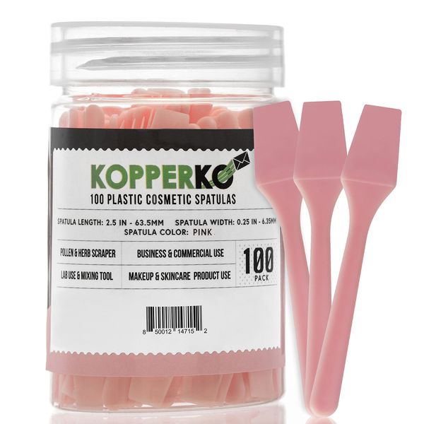 Kopperko 100 Pack 2.5 Inch Cosmetic Spatulas - Small Plastic Spatula for Cosmetics, Creams, Crafts - Makeup Spatula - Multipurpose Mini Applicator for Mixing Cream, Skincare, or Scraping Jars – Pink