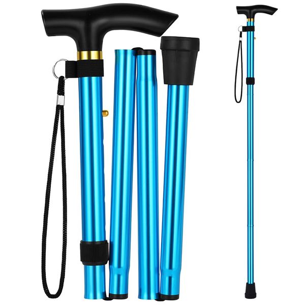 Flintronic Walking Stick, Folding Walking Stick, Adjustable Folding Walking Sticks, Collapsible Lightweight Flexible Stick, Comfortable Grip Durable Mobility Aid for Men Women, Lake Blue