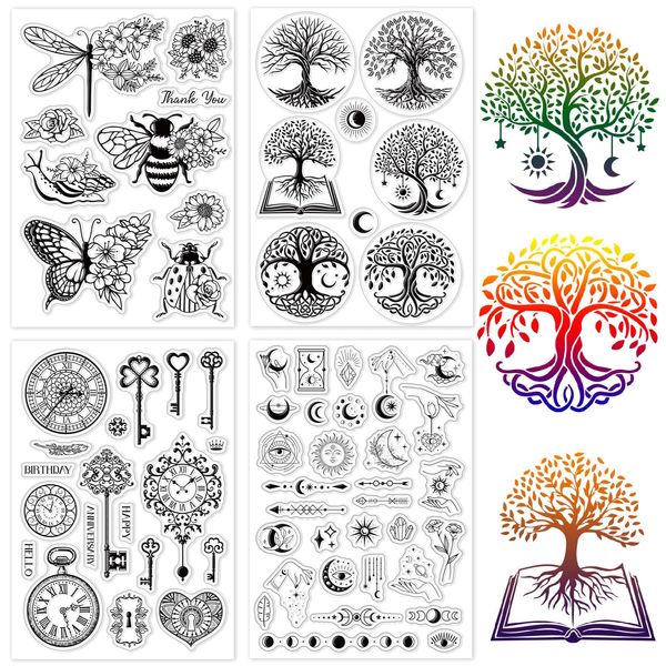 craspire 4 Stil Tarot Baum des Lebens Schmetterling Klarer Gummistempel Retro Transparente Silikonsiegel Stempel Für Journaling Kartenherstellung DIY Scrapbooking Handgemacht Fotoalbum Notizbuch