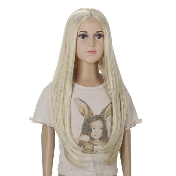 Morticia Long Straight Middle Parting Girls and Kids Halloween Costume Pretend Play Wig (Beige)