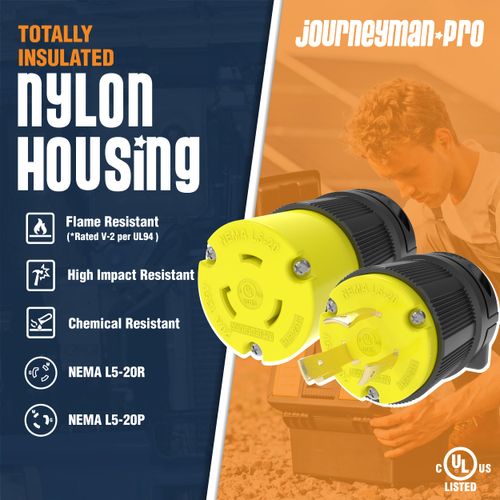 Journeyman-Pro 20 Amp Plug & Connector Set, NEMA L5-20R (L5-20C) & L5-20P, 20A, 125V, Turn Lock Twist Locking Socket, 2311 & 2313 Industrial Grade, Grounding 2500 Watts Generators (L5-20PR)