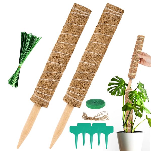 Vicloon Moss Pole, 2pcs Coir Totem Pole, Coir Moss Stick Plant Totem Moss Sticks for Indoor Plants Climbing, Creepers, with Twist Ties Plant Ties Labels Jute Rope, Moldproof Sticks Support (40cm)