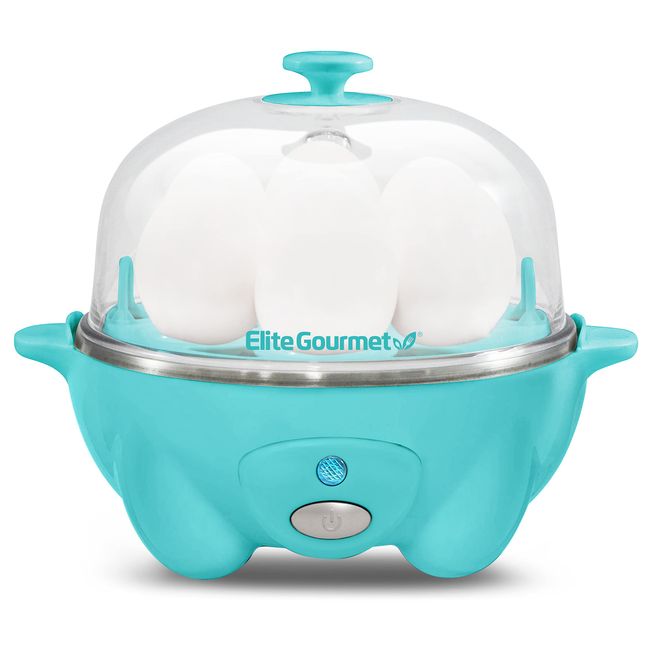 Elite Gourmet EGC-007T# Rapid Egg Cooker, 7 Easy-To-Peel, Hard, Medium, Soft Boiled Eggs, Poacher, Omelet Maker, Auto Shut-Off, Alarm, 16-Recipe Booklet, Teal