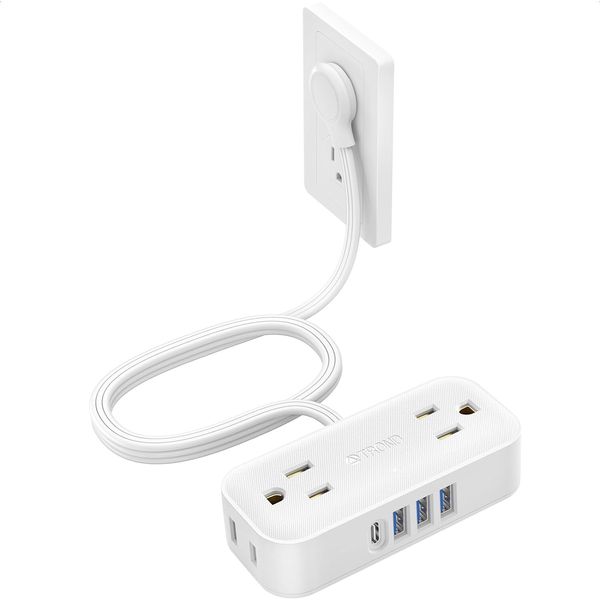 5Ft Ultra Thin Extension Cord，with 4 USB Charger (1USB C), 4 AC Outlets