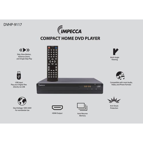 Impecca DVD Player for TV Multi-Region HDMI, RCA AV Cable, USB, CD MP3 Playback, with Remote Compact HDMI DVD Player, Progressive scan Up-Convert to 1080P, LED Display 2.0 CH, 100-240V DVHP9117