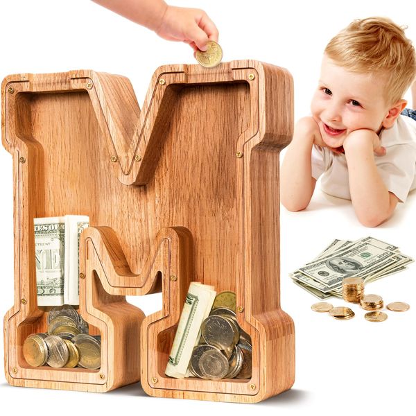 SummiDate Wooden Letter Piggy Bank| Piggy Bank for Boys Girls Toddler| Alphabet M Money Bank| Coin Bank Birthday Gift for Kids|2024 Graduation Money Box (M)