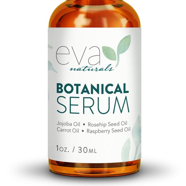 Botanical Anti-Aging Serum for Face – All Natural, Plant-Based Facial Serum + Organic Jojoba Oil, Rosehip Seed Oil, and Vitamin E Oil for Skin Plumps, Protects, Restores by Eva Naturals, 30 ml.