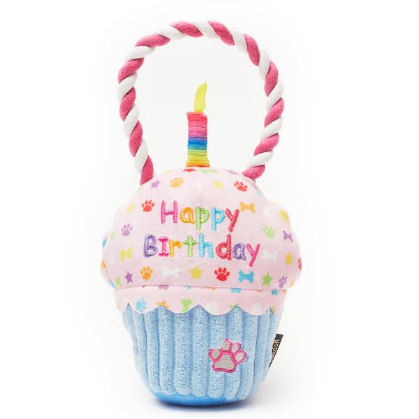 Pet London Happy Birthday Cupcake Dog Toy with Squeaker and rope tug-Celebrate Your Dog's Bday or Adoption Gift