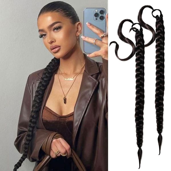 2 Packs Black Long Braided Ponytail Extension For Black Women Soft Synthetic Hair Piece For Women with Hair Tie Straight Wrap Around Ponytail Braided Extensions pre Stretched 30 Inch (1B)