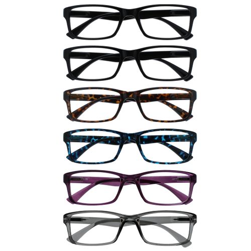 OPULIZE Pep Reading Glasses 6 Pack Classic Everyday Rectangular Frame Scratch Resistant Spring Hinges Black Brown Blue Purple Grey Mens Womens RRRRRR92-112357 +3.00