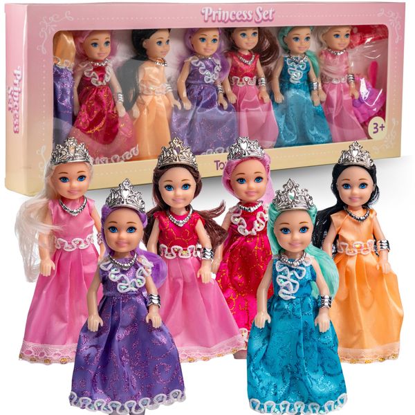 TOMLEON Princess Dolls Playset – 6 Mini Princess Dolls with Colorful Gowns, Crowns & Jewelry – Fantasy Role Play Set for Kids with Elegant Dresses, Accessories & Royal-Themed Box – Gift for Ages 3+