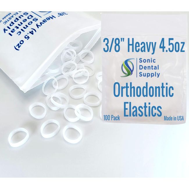 3/8 Inch Orthodontic Elastic Rubber Bands - 100 Bands - Clear Latex Free, Heavy 4.5 Ounce Small Rubberbands, Braces, Dreadlocks Hair Braids, Tooth Gap, Packaging, Crafts - Sonic Dental - Made in USA