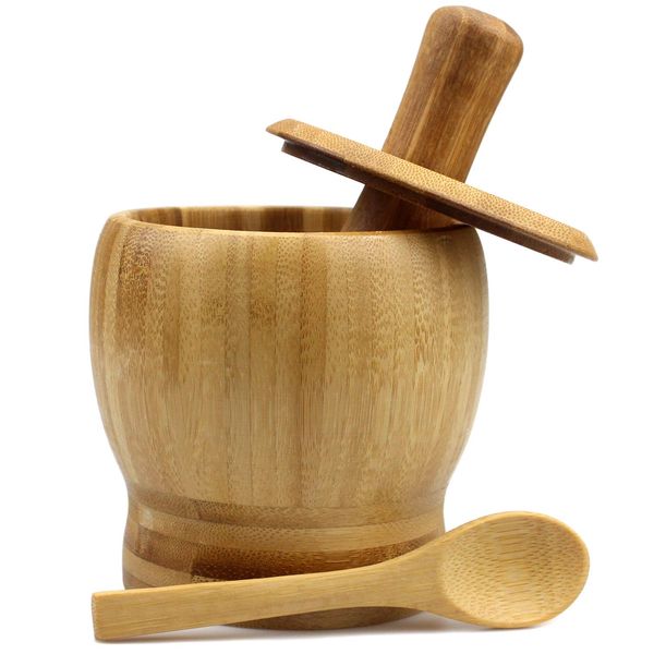 Aelegantmis Mortar and Pestle Set with Lid and Spoon, 100% Natural Bamboo Wood, Pepper Garlic Herb Spice Grinder Press Crusher Masher, Easy to Use & Clean