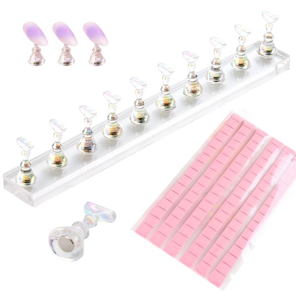 FSpronail Nail Stand for Press Ons Nail Display with 96 Pcs Reusable Sticky Putty Practice Magnetic Fake Nail Holder for Home DIY Beginner Salon Acrylic Nail Art Kit Accessories