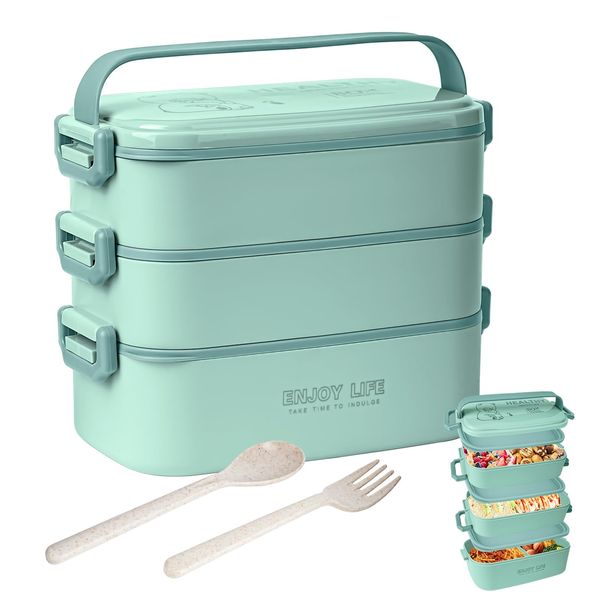 2700ml 3 Layer Bento Box with Fork & Spoon, 4-in-1 Lunch Box for Adults, Meal Prep Container Food Storage Box for Men Women Student School Office, Microwave Dishwasher Safe Available (Lake-Blue)