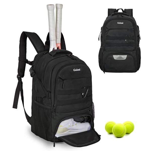 Goloni Womens Tennis Backpack 2 Rackets Black Sports Pickleball Bags for Men with Ventilated Shoe Compartment Which Can Hold Shoes Up to Size 11-12