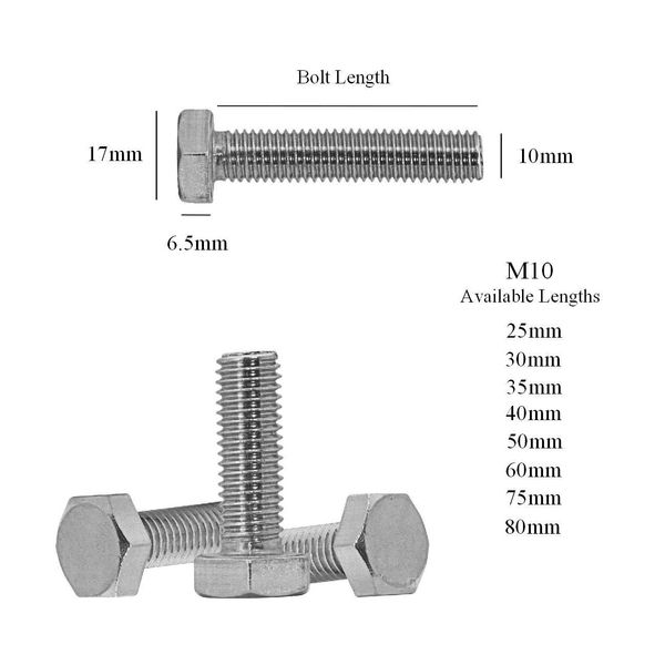 10 x Hex Head Set Screw Bolts M10 x 40mm, Fully Threaded,
