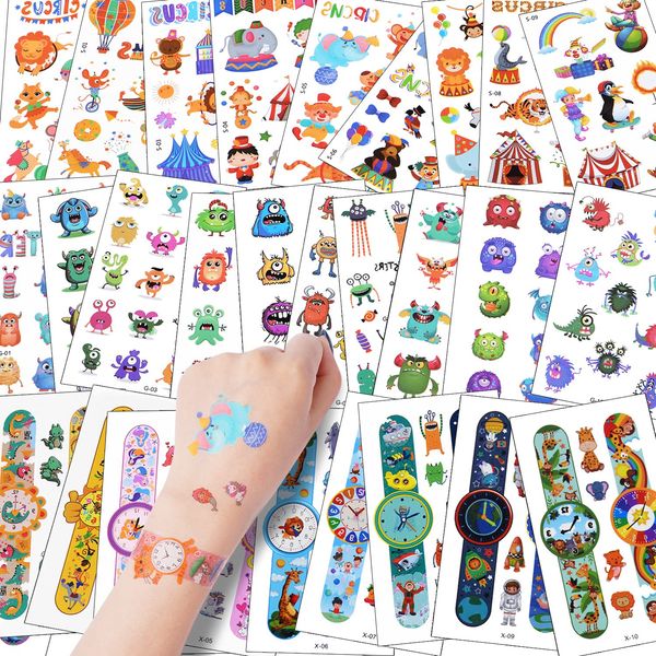 ACWOO Temporary Tattoo for Kids, 30 Sheets Watch & Little Monster & Circus Cartoon Tattoo, 390+ Patterns Mixed Style Temporary Tattoo Stickers, Waterproof Fake Tattoo for Birthday Party Bag Filler