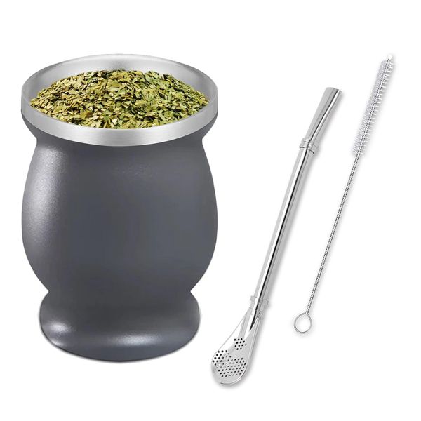 SVUPUE Mate Cup, Double-Wall Yerba Tea Set, Gourd Tea Cup, with Straw Spoon and Cleaning Brush, for Yerba Mate Drink, Coffee, Milk and Juice, Grey