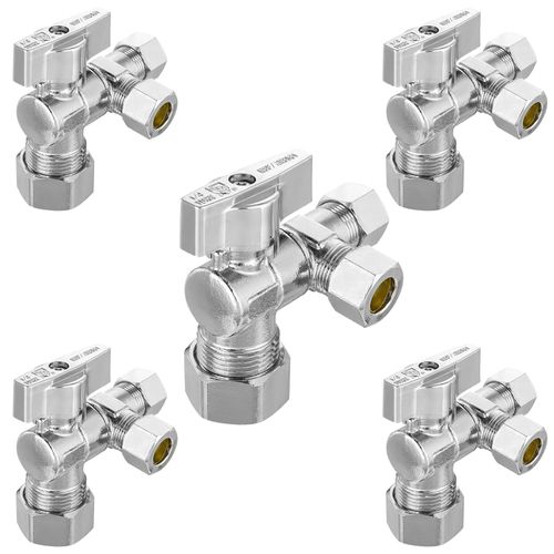 5-Pc HeSun Quarter-Turn Compression Angle Valve, 1/2" Nominal (5/8"OD) x 3/8" OD x 3/8" OD, Dual Compression Outlet Shut Off Valve, Chrome Plated Brass(VALVE206-5)