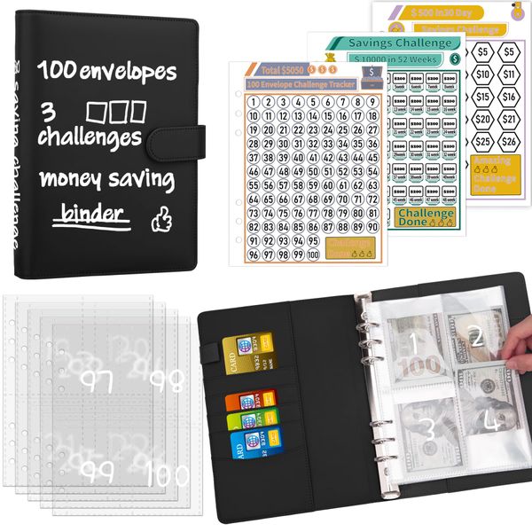 Antner 100 Envelopes Challenge Binder Money Savings Challenges Book to Save $5,050 and $500 and $10,000, A5 Money Saving Planner Budget Binder with Cash Envelopes, Black